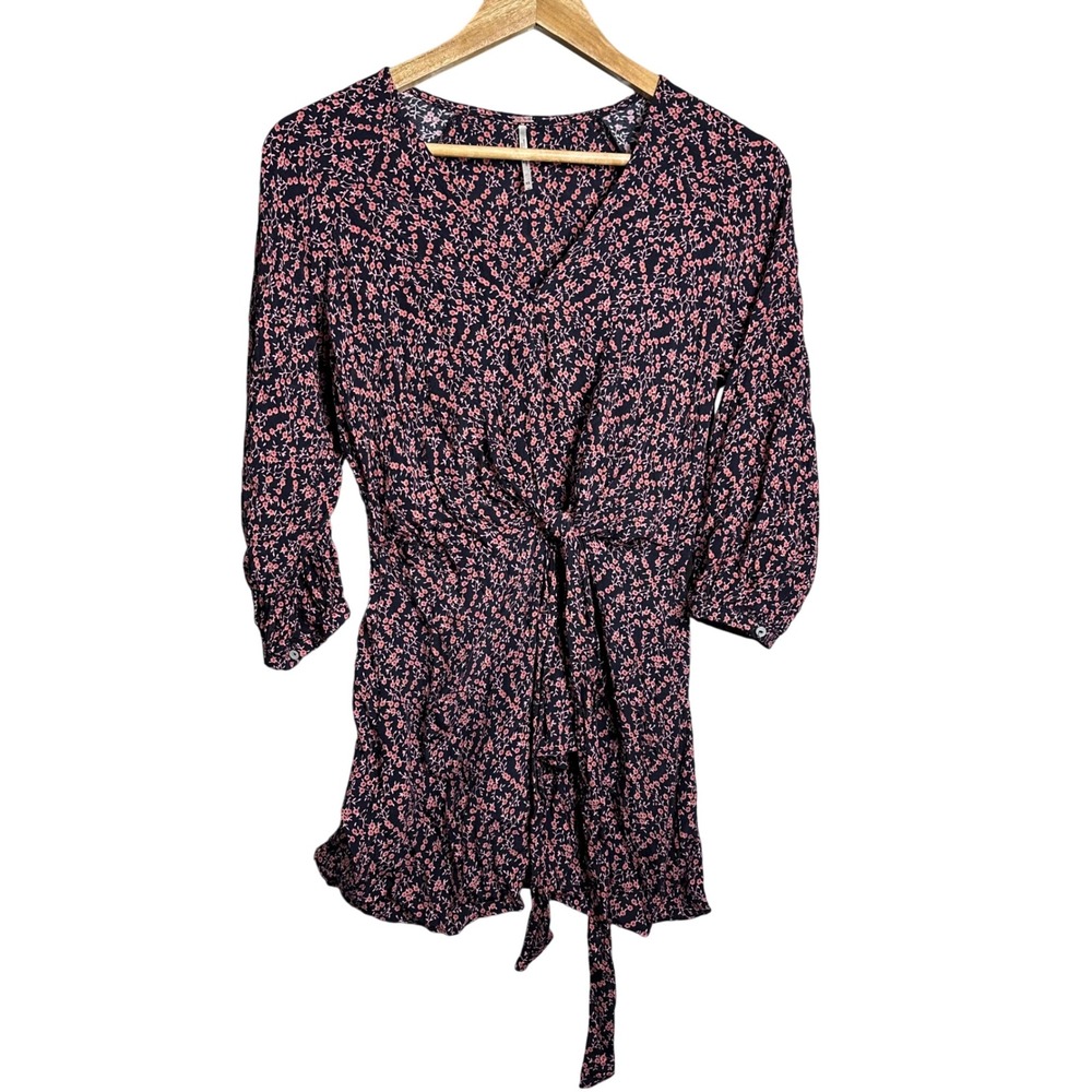 Free People Black Floral Print Tie Waist V Neck Mini Dress Womens XS boho beach - Picture 3 of 6